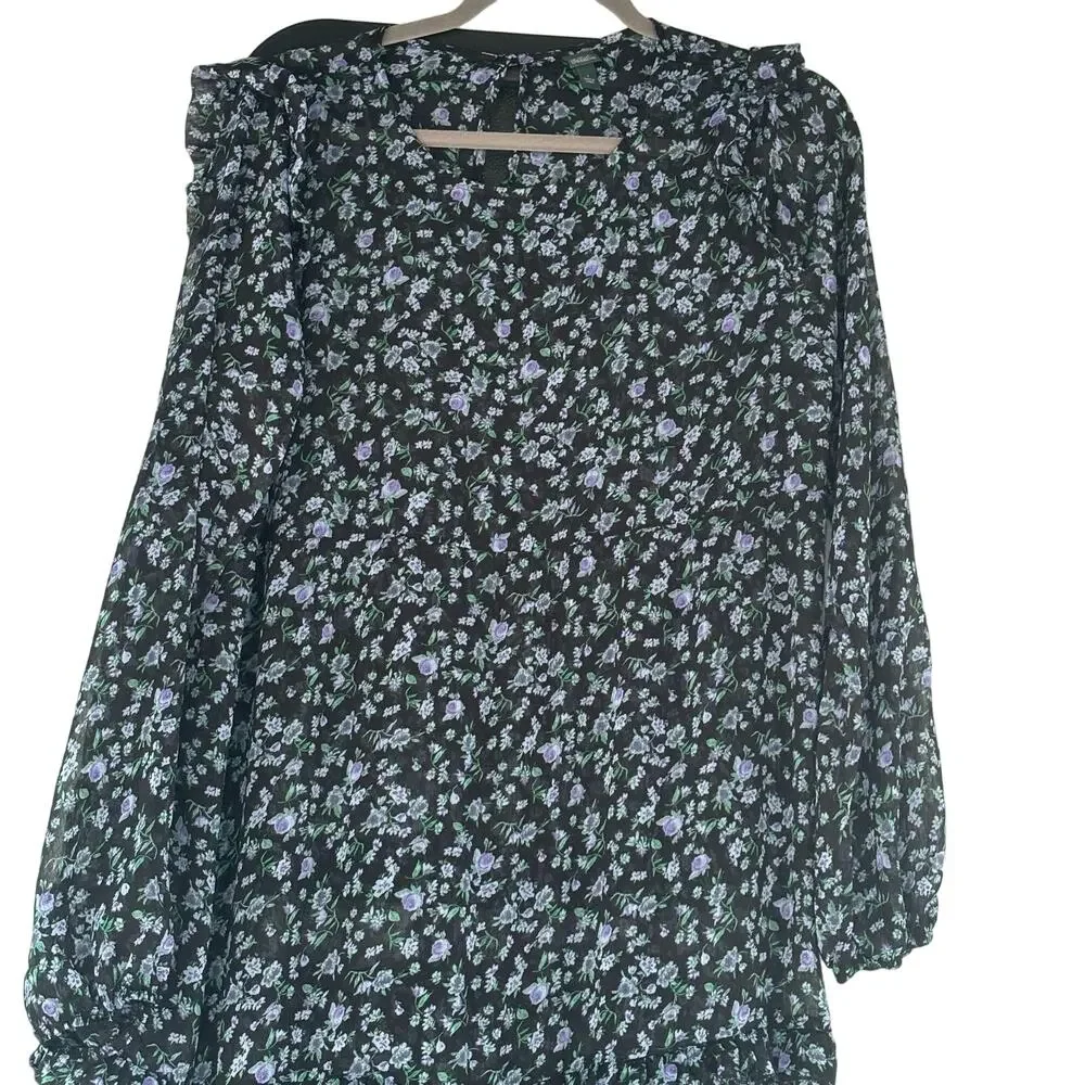 Wild Fable Boho Dress Blue Floral Button Front Semi-Sheer Woman’s Size Large